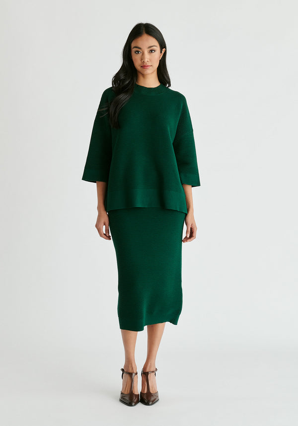 Mock Neck Cropped Sleeve Ribbed Jumper in Dark Green Front